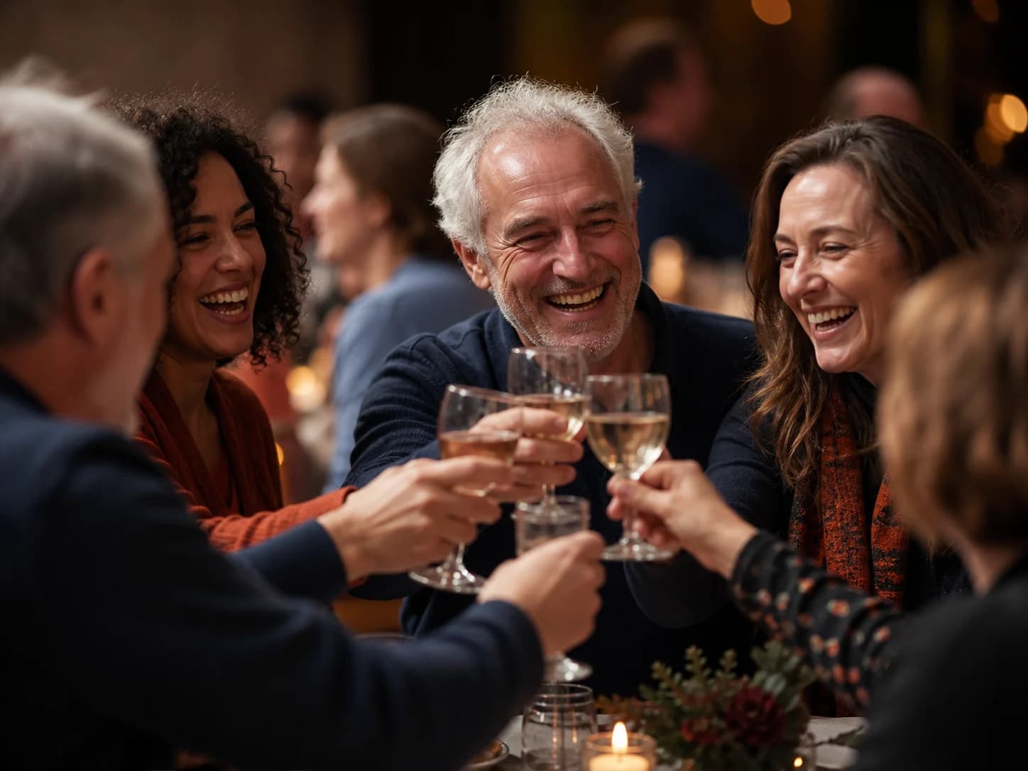 Friends raising glasses and laughing together at a celebration